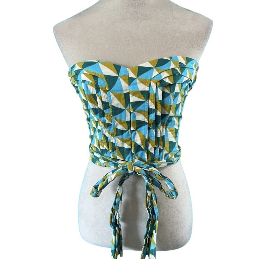 Marissa Webb Blue Yellow Geometric Print Tie Waist Corset Top Size 8